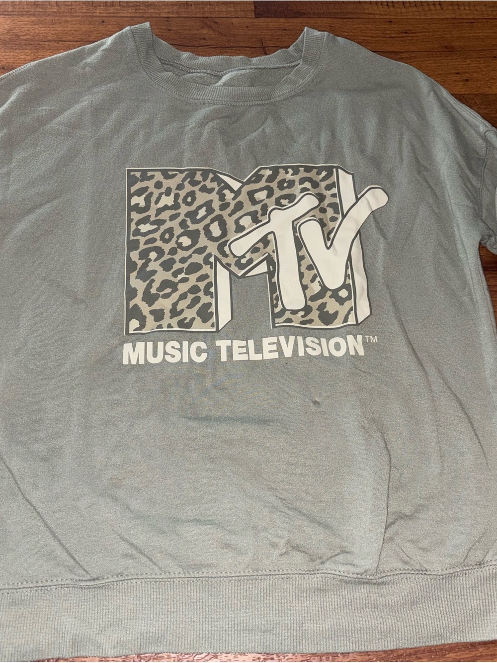 MTV Leopard Print Sweatshirt XS Sage Green Music Television Pullover Crewneck